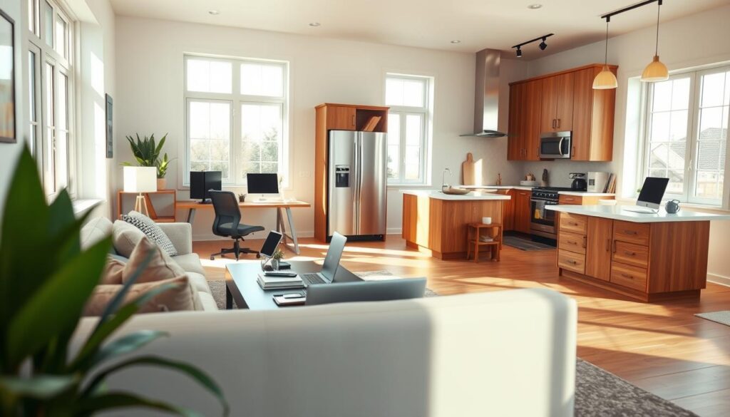 A bright, airy home interior with natural light streaming through large windows. In the foreground, a cozy living room setup with comfortable furniture, a side table, and a potted plant. In the middle ground, a spacious home office area with a sleek, modern desk, a laptop, and organization supplies. In the background, a kitchen with stainless steel appliances, wooden cabinets, and a large island countertop. The overall atmosphere is one of productivity, comfort, and potential for generating passive income by leveraging underutilized spaces within the home. The lighting is warm and inviting, creating a sense of tranquility and opportunity.