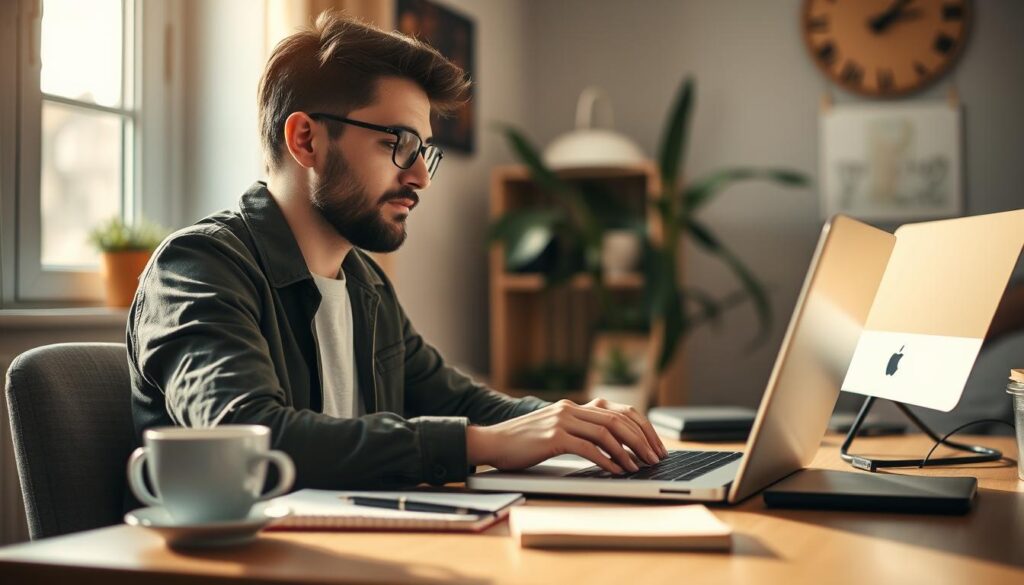 A freelance professional working on a laptop in a cozy home office, natural lighting filtering through a window, desk neatly organized with a cup of coffee, pen, and notebook. The worker has a focused, contemplative expression, representing the autonomy and flexibility of freelance work. The background is blurred, emphasizing the subject and creating a sense of tranquility. Soft, warm tones evoke a sense of comfort and productivity.