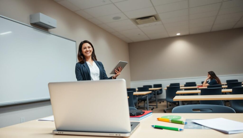 A well-lit modern classroom setting with a teacher standing at the front, laptop or tablet in hand, gesturing towards a large whiteboard or projection screen. The teacher is dressed in professional attire, with a warm, welcoming expression. In the foreground, a laptop or tablet on a desk, alongside stationery and learning materials. The background features rows of desks and chairs, perhaps with a few students present, creating an atmosphere of engaged online learning. The lighting is soft and natural, with a calm, focused mood conveying the productivity and interactivity of an online teaching session.